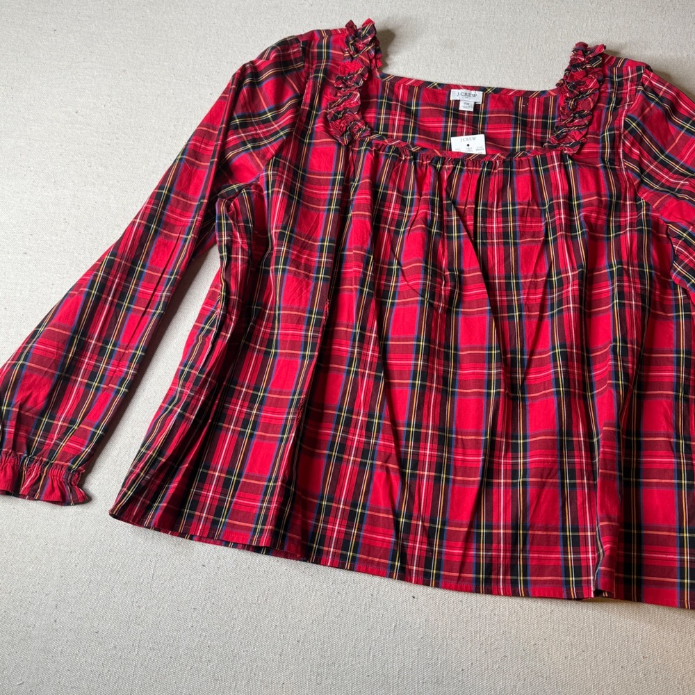J.Crew Red Stewart Tartan Plaid Ruffle Squareneck Top 2X Long Sleeve Blouse